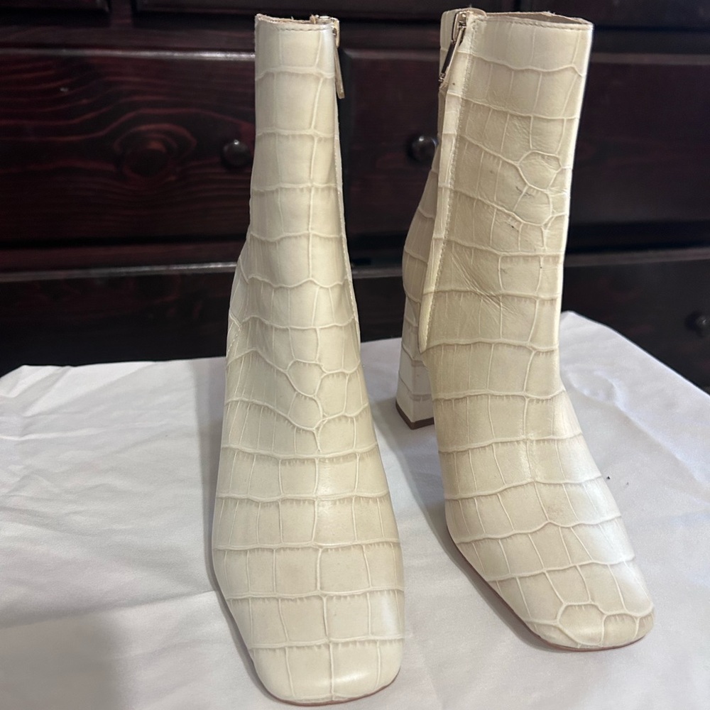 Sam Edelman Cream Croc-Embossed Ankle Booties